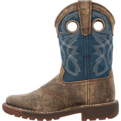 left side view of little kids cowboy boot with distressed brown vamp and slate blue shaft with white and brown stitching