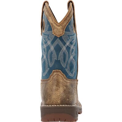 back view of little kids cowboy boot with distressed brown vamp and slate blue shaft with white and brown stitching