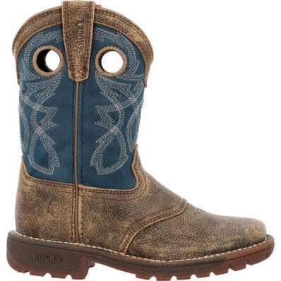 right side view of little kids cowboy boot with distressed brown vamp and slate blue shaft with white and brown stitching
