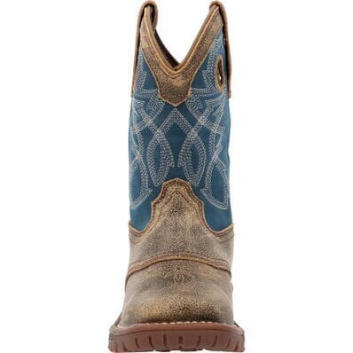 front view of little kids cowboy boot with distressed brown vamp and slate blue shaft with white and brown stitching