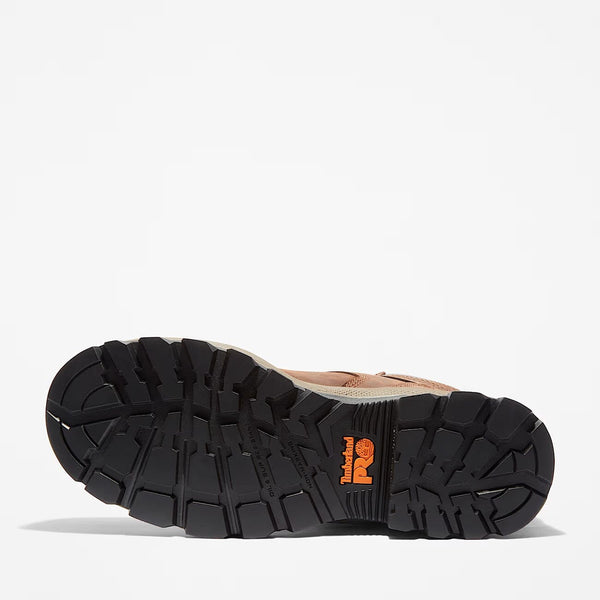 Black sole of a shoe with orange logo on a white background