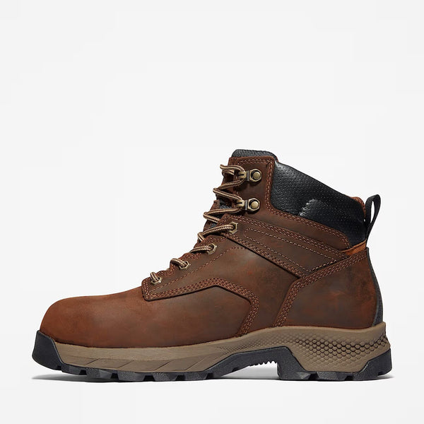 Brown leather boot with black accents on a white background