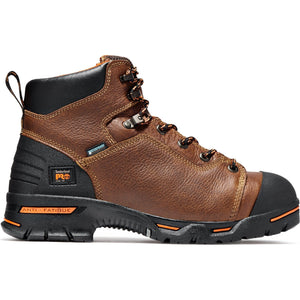 Men's brown workboot with black accents and orange timberland pro logo