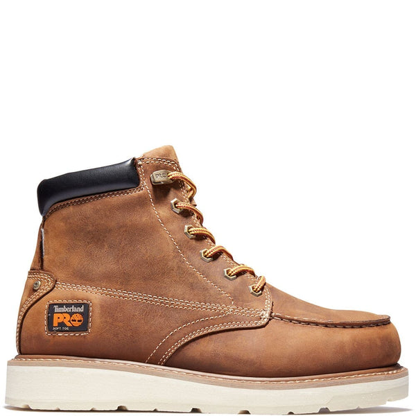 side angled view of men's leather lace-up moc toe work boot with black and orange Timberland logo on side of heel.