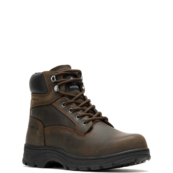 Front angled view of brown leather work boot with brown laces on a white background