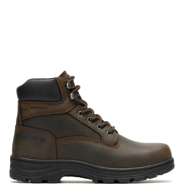 A brown men's work boot with a lace-up closure, waterproof leather upper, and a black rubber outsole.