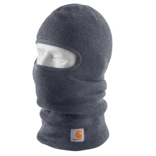grey knit full face mask and beanie with eye slot and Carhartt label sewn on neck hem
