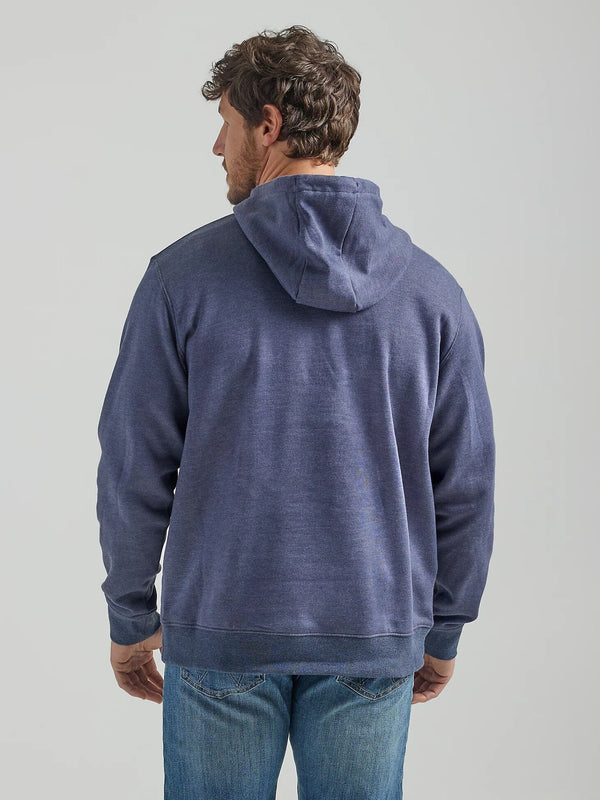 back of man wearing heather blue hoodie with medium blue jeans