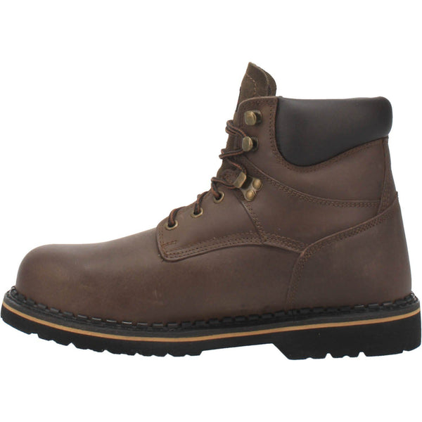 alternate side of brown boot with brown laces, gold eyelets, and black upper vamp-heel accent