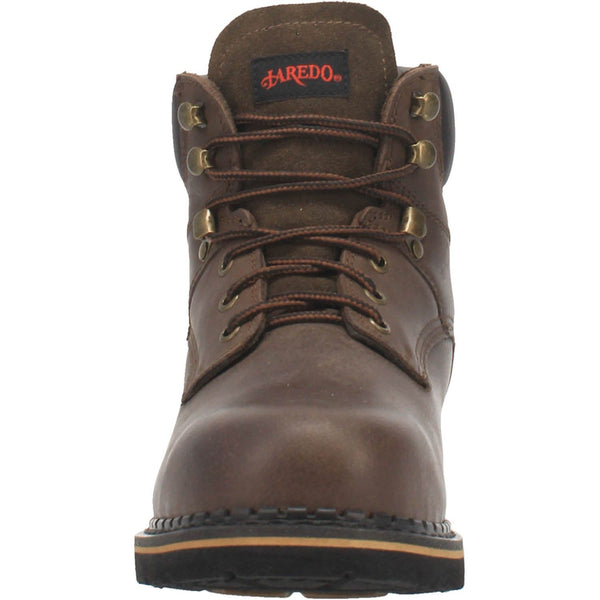front of brown boot with brown laces, gold eyelets, and black upper vamp-heel accent