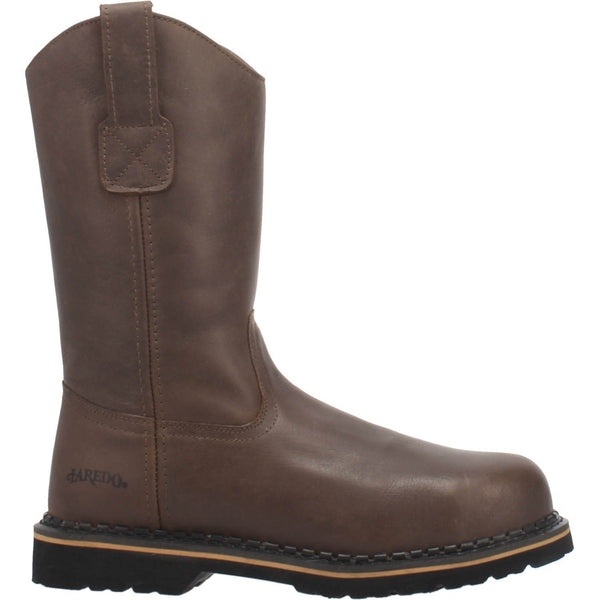side of dark brown pull on boot with black sole