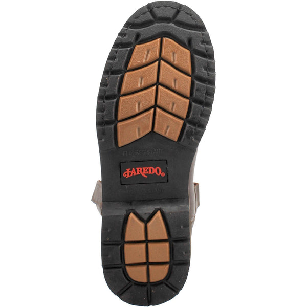 black sole with brown accents and red logo in center 