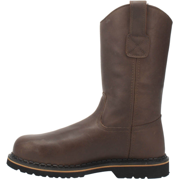 alternate side of dark brown pull on boot with black sole