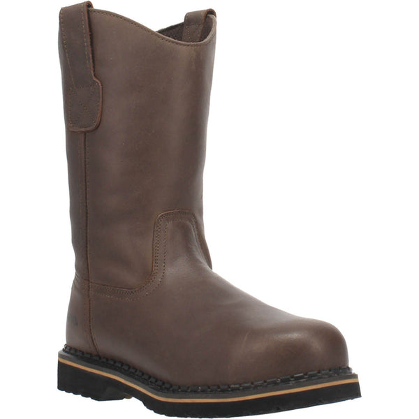 dark brown pull on boot with black sole
