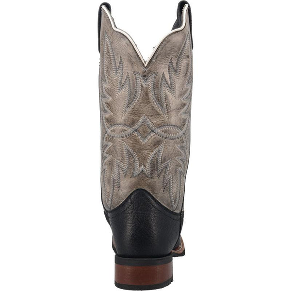 back of cowboy boot with distressed brown shaft and black vamp. white and black embroidery 