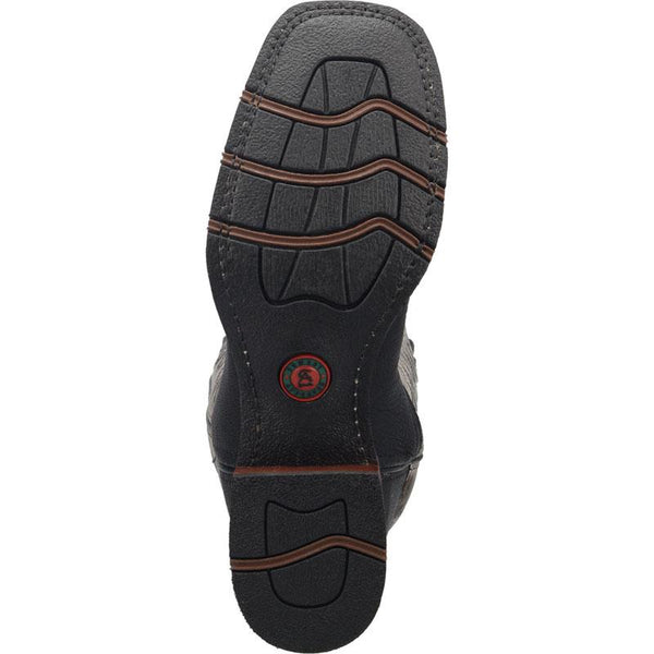 black sole with brown accents and red logo in center 