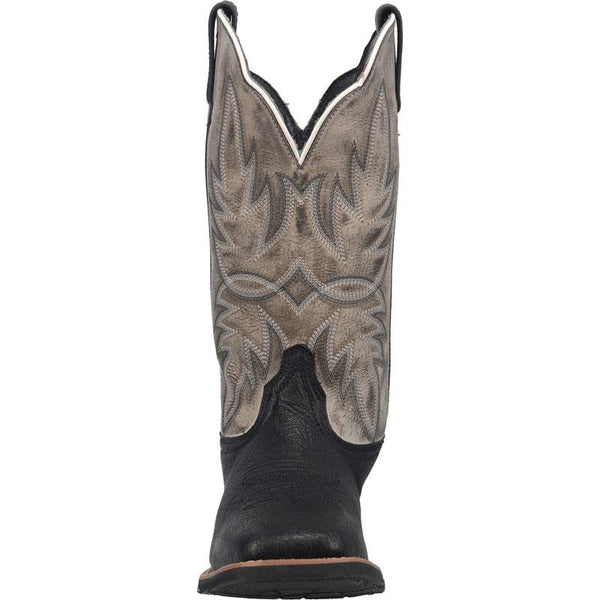 front of cowboy boot with distressed brown shaft and black vamp. white and black embroidery 