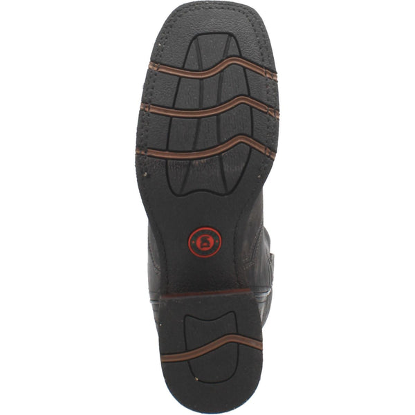 black sole with brown accents and black and red logo in center
