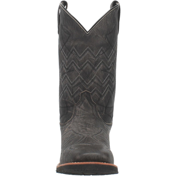 front of black cowboy boot with black and white embroidery 