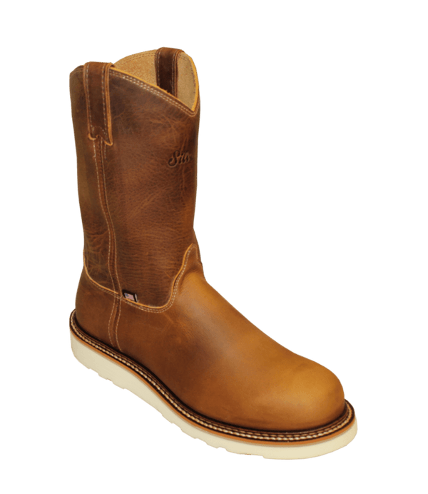tan mens pull on leather round toe work boot with white outsole