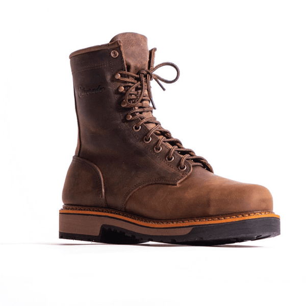dark tan high top work boot with orange outsole 