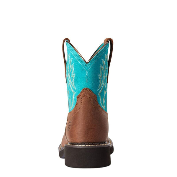 back view of mid-rise kids cowgirl boot with turquoise shaft and brown foot a decorative stitching 