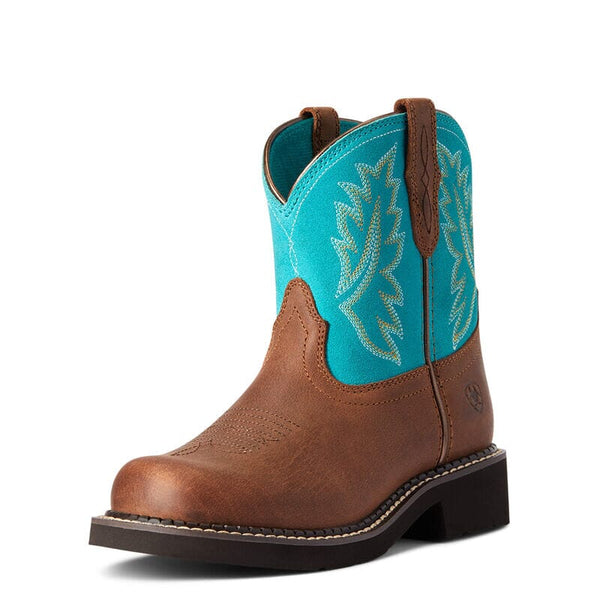angled view of mid-rise kids cowgirl boot with turquoise shaft and brown foot a decorative stitching