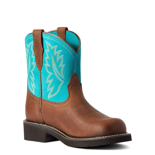 mid-rise kids cowgirl boot with turquoise shaft and brown foot a decorative stitching 