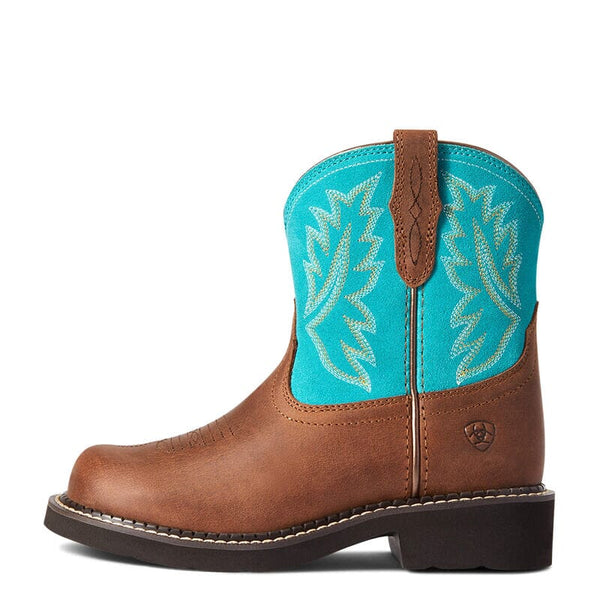 side view of mid-rise kids cowgirl boot with turquoise shaft and brown foot a decorative stitching 