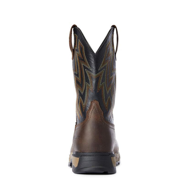rear view of Brown Ariat brand work cowboy boot with a black cuff