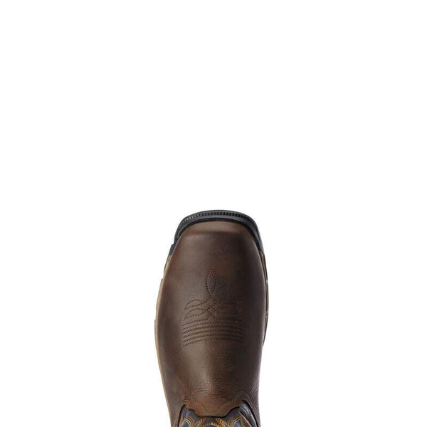 square toe on Brown Ariat brand work cowboy boot with a black cuff