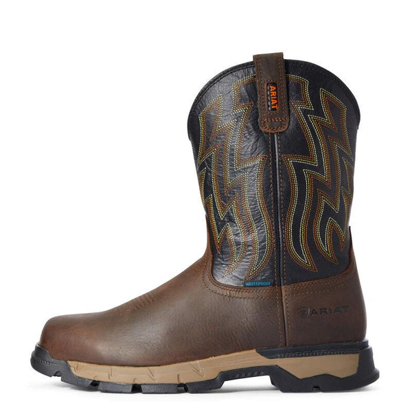 side view of Brown Ariat brand work cowboy boot with a black cuff