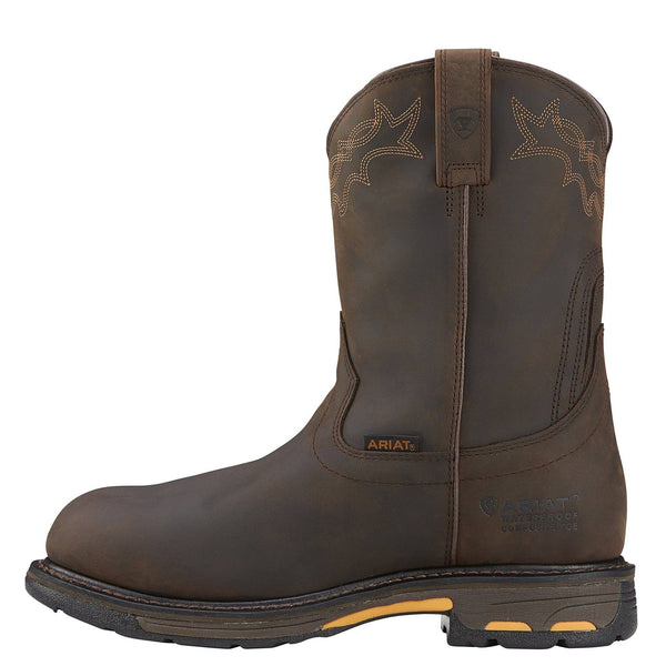side view of high dark brown work boot with dark brown embroidery 