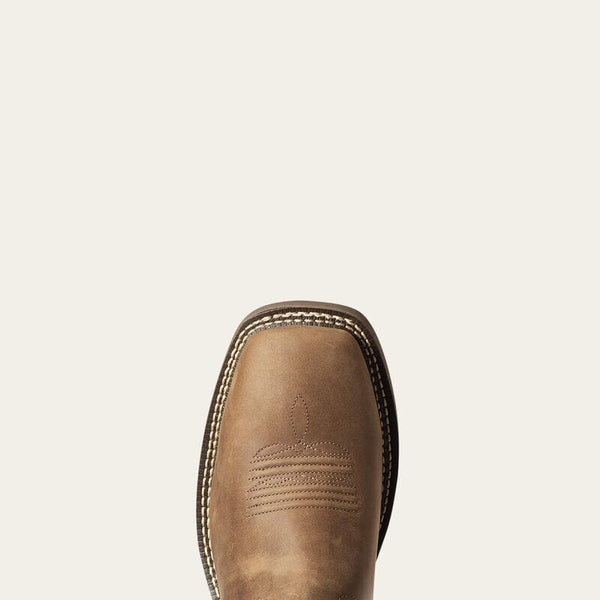 toe detail view of mens square toe brown western boot with light stitching