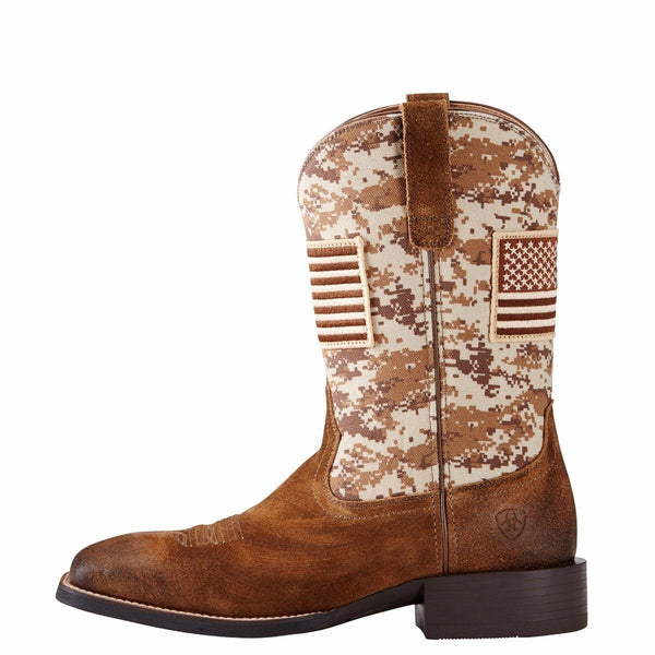 side view of cowboy boot with brown digital camo and American flag patch on shaft with a brown vamp