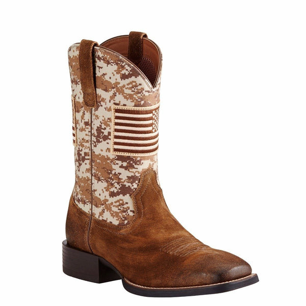 cowboy boot with brown digital camo and American flag patch on shaft with a brown vamp 