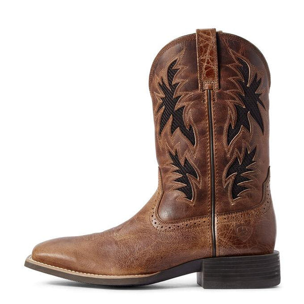 side view of Brown cowboy boot with dark brown inlays