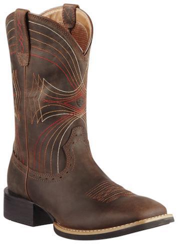 cowboy boot with crisscrossed red, orange, white, and light brown embroidery  