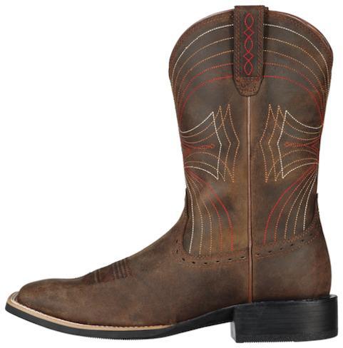 side view of cowboy boot with crisscrossed red, orange, white, and light brown embroidery  