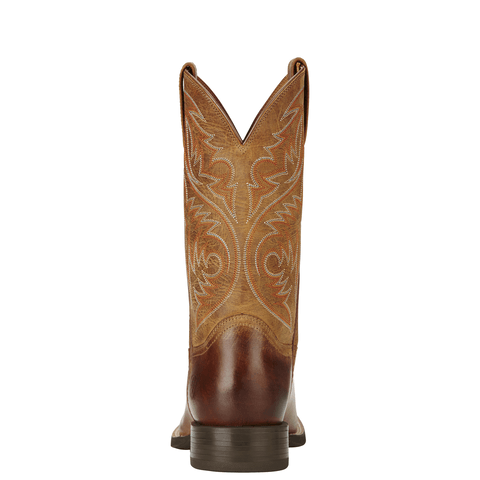 rear view of Light brown cowboy boot with white embroidery