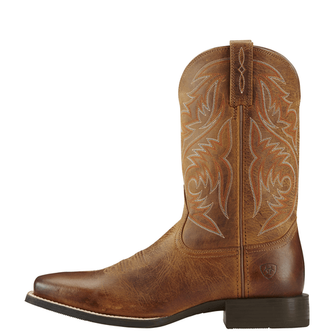 side view of Light brown cowboy boot with white embroidery
