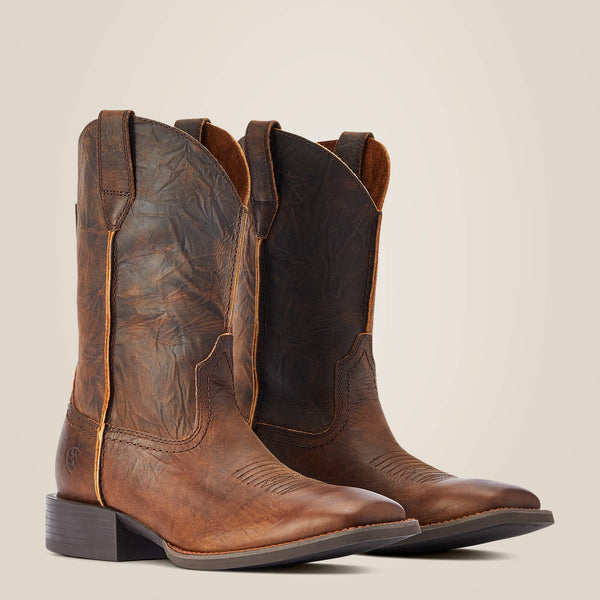 pair of dark brown cowboy boots with heavy distressed textured leather