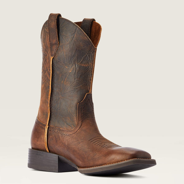 right angled view of dark brown cowboy boot with heavy distressed textured leather