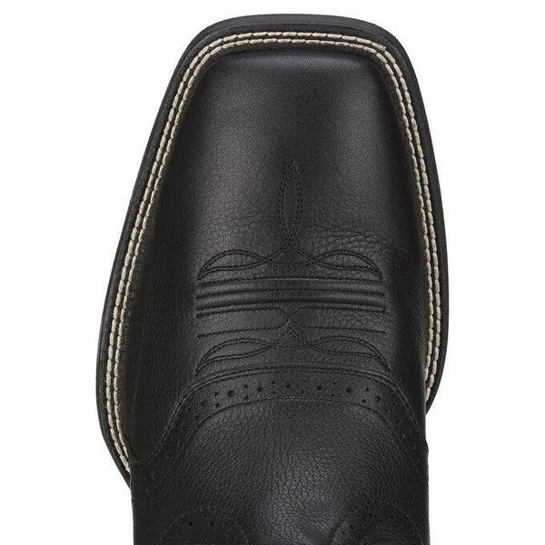top view of square toed black cowboy boot