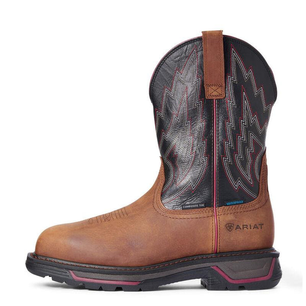 side view of two toned cowboy boot with a black shaft with white and red embroidery and brown vamp