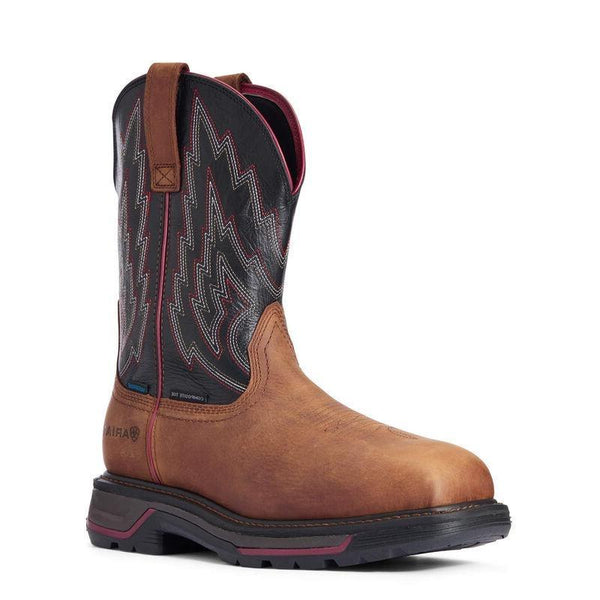 two toned cowboy boot with a black shaft with white and red embroidery and brown vamp