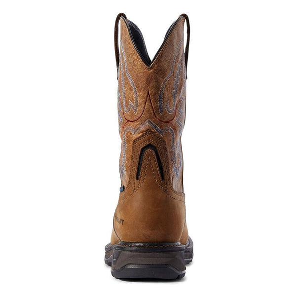 back view of light brown cowboy boot with grey and light blue embroidery and a square toe
