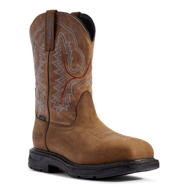 light brown cowboy boot with grey and light blue embroidery and a square toe