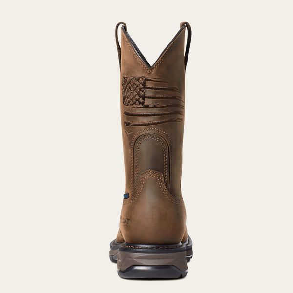 back view of brown distressed western work boot with a rugged American flag embroidered across the shaft