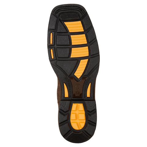 black yellow and brown sole of square toed cowboy boot